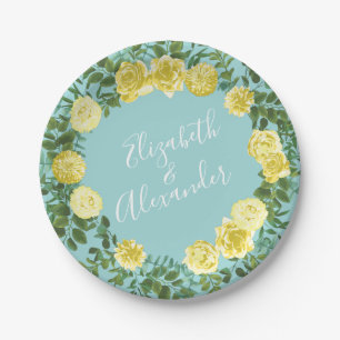 Light Yellow & Aqua Teal Rose Floral Wedding Paper Plate