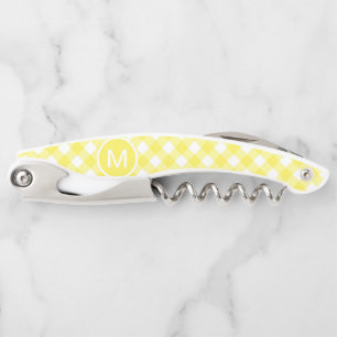 Light Yellow Classic Gingham Pattern Monogram Corkscrew