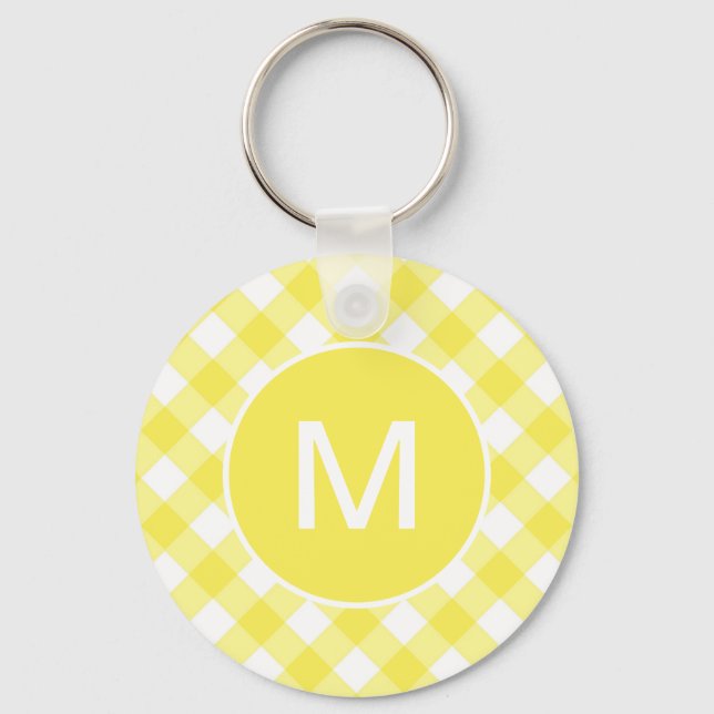 Light Yellow Classic Gingham Pattern Monogram Key Ring (Front)