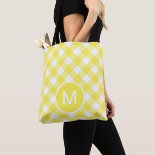 Light Yellow Classic Gingham Pattern Monogram Tote Bag