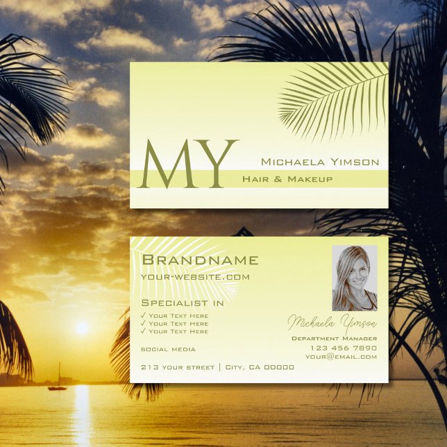 Light Yellow Gradient Palm Leaf Monogram and Photo Business Card (Creator Uploaded)