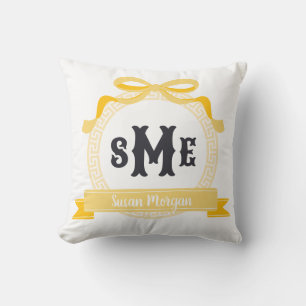 Light Yellow Greek Key Bow Monogram Cushion