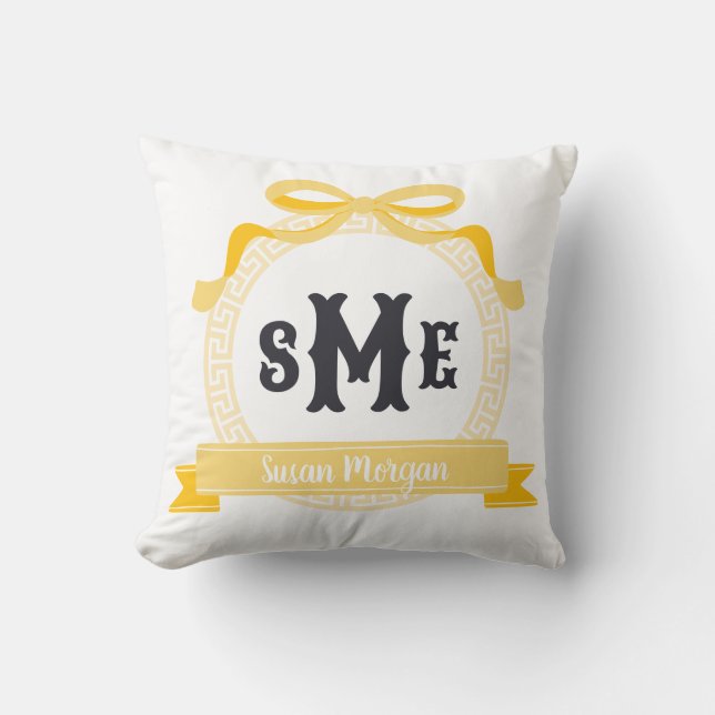 Light Yellow Greek Key Bow Monogram Cushion (Front)