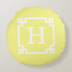 Light Yellow Greek Key Frame #2 Initial Monogram Round Cushion