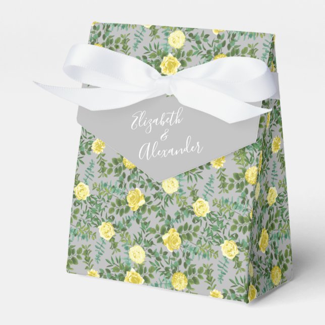 Light Yellow & Grey Peony & Rose Floral Wedding Favour Box (Front Side)