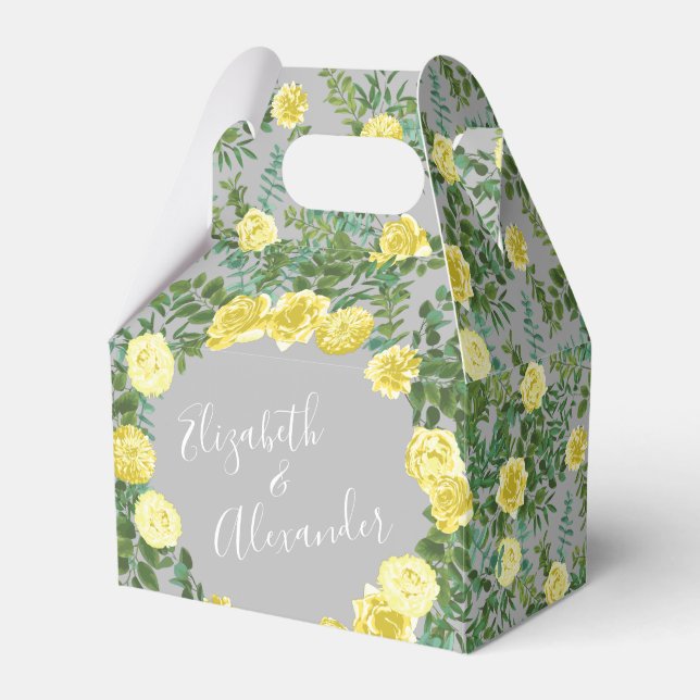 Light Yellow & Grey Peony & Rose Floral Wedding Favour Box (Front Side)