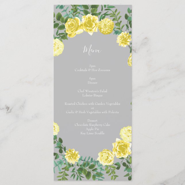 Light Yellow & Grey Peony Rose Floral Wedding Menu (Front)