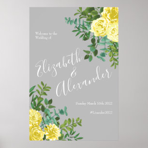 Light Yellow & Grey Peony Rose Floral Wedding Poster