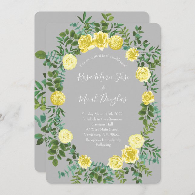 Light Yellow Grey Rose Floral Wedding Invitations (Front/Back)