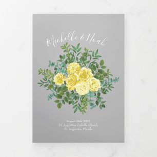 Light Yellow & Grey & Rose Floral Wedding Programs Tri-Fold Programme