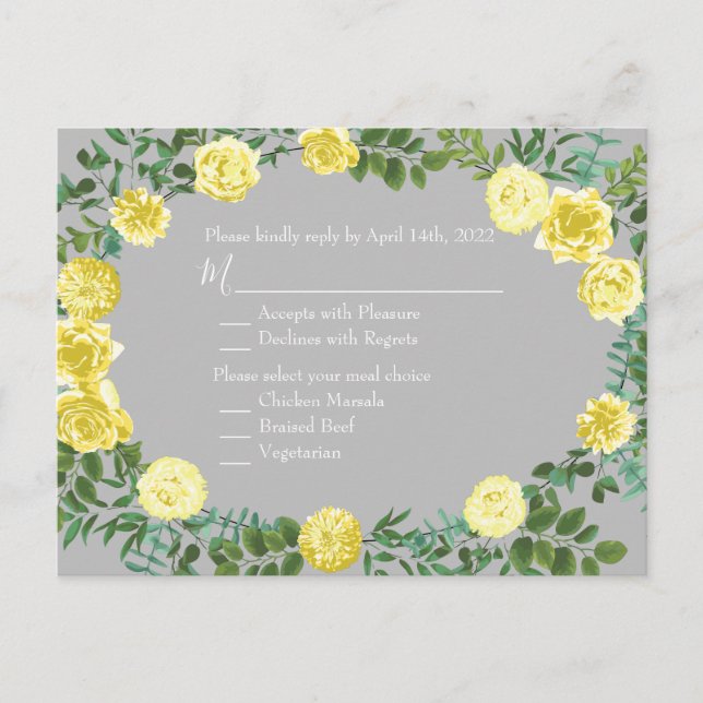 Light Yellow & Grey Rose Floral Wedding Reply Card (Front)