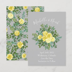 Light Yellow & Grey Rose Floral Wedding Save Date Invitation