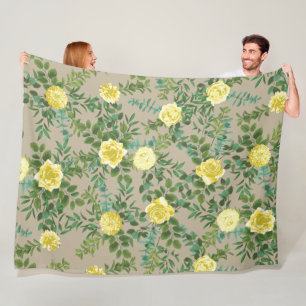 Light Yellow Khaki Ecru Rose Floral Wedding Fleece Blanket