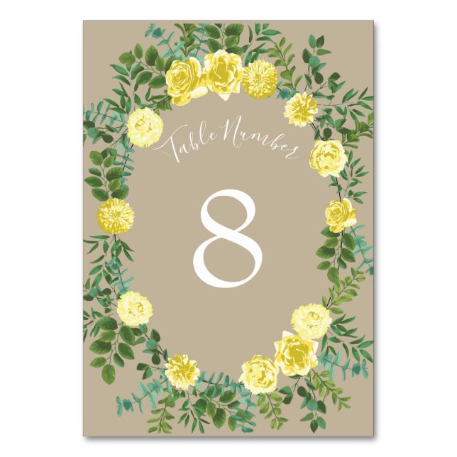 Light Yellow Khaki Ecru Rose Floral Wedding Table Number (Back)