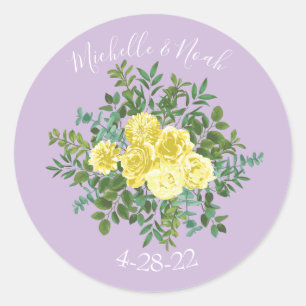 Light Yellow & Lilac Purple & Rose Floral Wedding Classic Round Sticker