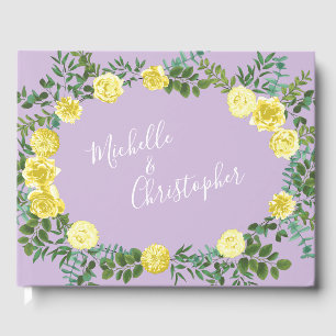 Light Yellow & Lilac Purple Rose Floral Wedding Guest Book