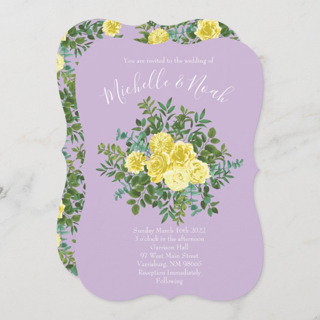 Light Yellow & Lilac Purple Rose Floral Wedding Invitation (Front/Back)