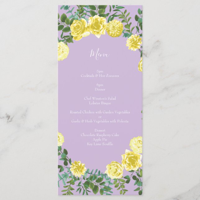 Light Yellow Lilac Purple Rose Floral Wedding Menu (Front)