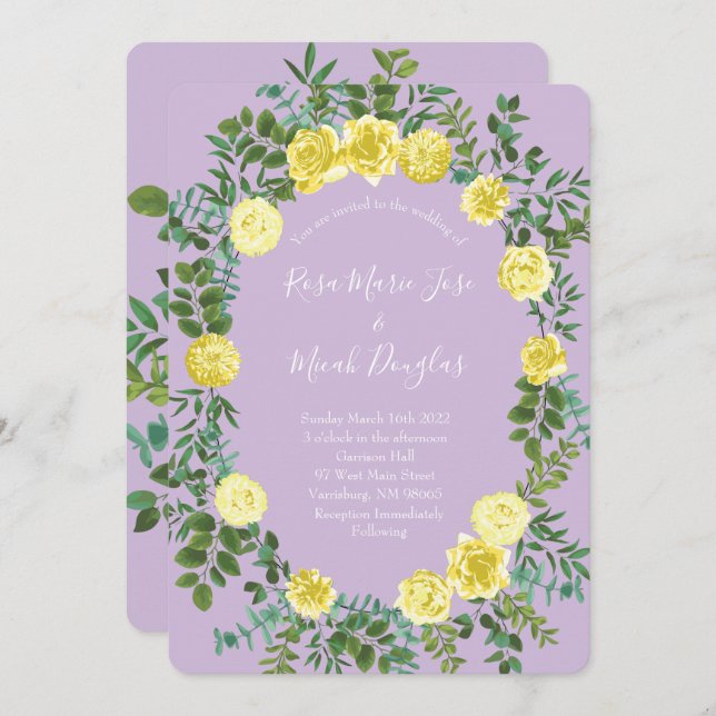 Light Yellow Lilac Purple Rose Wedding Invitations (Front/Back)