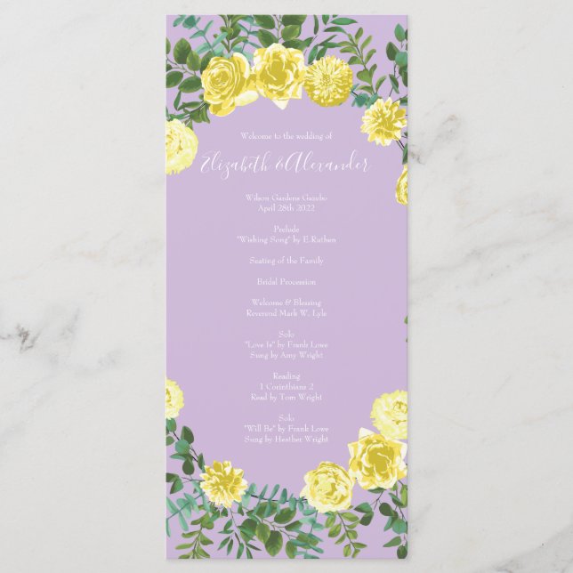Light Yellow Lilac Purple Rose Wedding Programs Menu (Front)