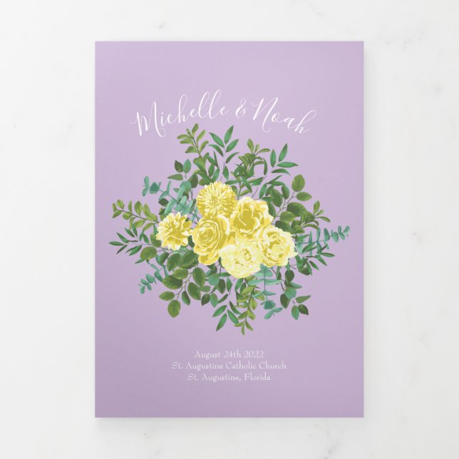 Light Yellow & Lilac Purple Rose Wedding Programs Tri-Fold Programme (Cover)