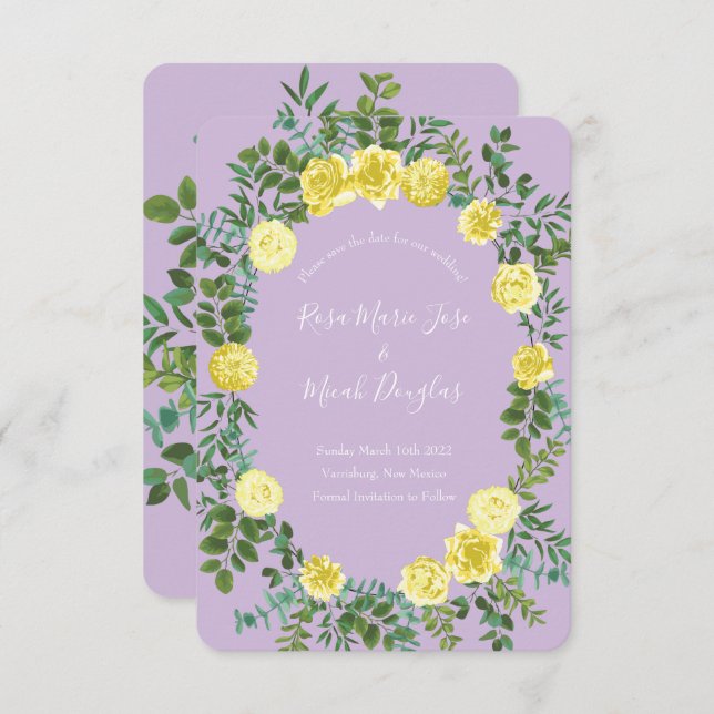 Light Yellow & Lilac Purple Rose Wedding Save Date Invitation (Front/Back)