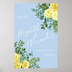 Light Yellow & Pale Blue Rose Floral Wedding Poster