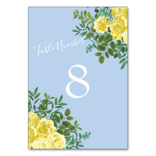 Light Yellow & Pale Blue Rose Floral Wedding Table Number