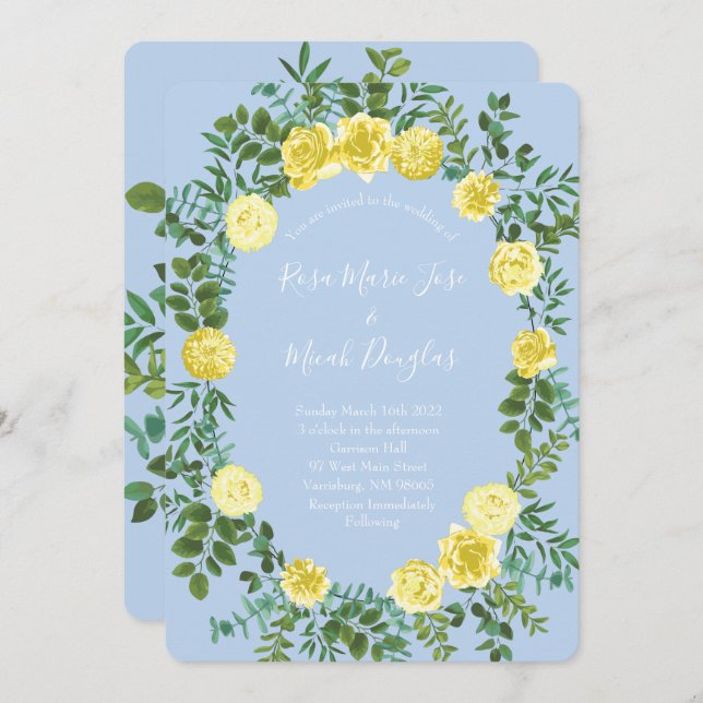 Light Yellow Pale Blue Rose Wedding Invitations (Front/Back)