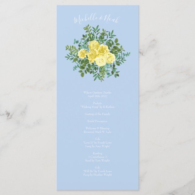 Light Yellow Pale Blue Rose Wedding Programs Menu (Front)