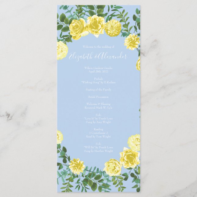 Light Yellow Pale Blue Rose Wedding Programs Menu (Front)