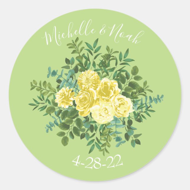 Light Yellow & Pale Green Rose Floral Wedding Classic Round Sticker (Front)