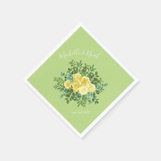 Light Yellow & Pale Green Rose Floral Wedding Napkin (Corner)