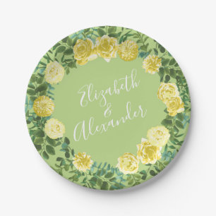 Light Yellow & Pale Green Rose Floral Wedding Paper Plate