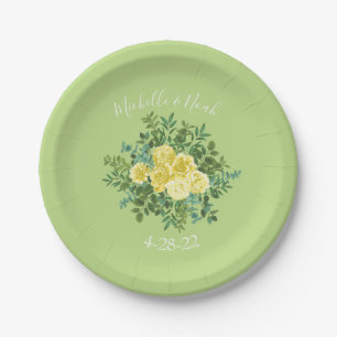 Light Yellow & Pale Green Rose Floral Wedding Paper Plate