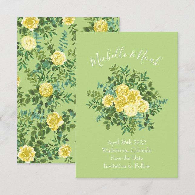 Light Yellow & Pale Green Rose Wedding Save Date Invitation (Front/Back)