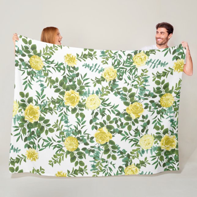 Light Yellow Pastel Peony & Rose Floral Wedding Fleece Blanket (In Situ)