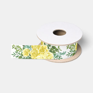 Light Yellow Pastel Peony & Rose Floral Wedding Satin Ribbon
