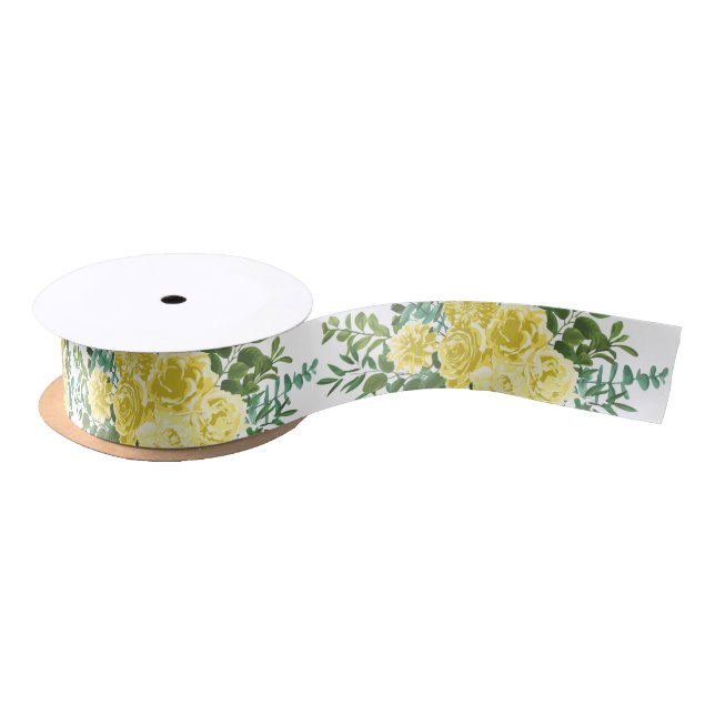 Light Yellow Pastel Peony & Rose Floral Wedding Satin Ribbon (Spool)