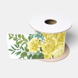 Light Yellow Pastel Peony & Rose Floral Wedding Satin Ribbon