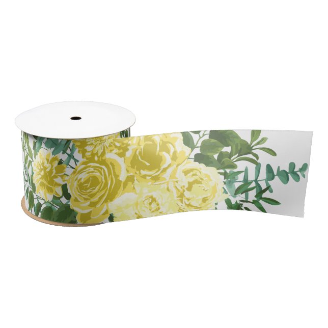 Light Yellow Pastel Peony & Rose Floral Wedding Satin Ribbon (Spool)