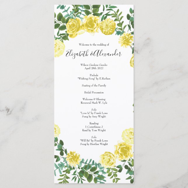 Light Yellow Peony & Rose Floral Wedding Programs Menu (Front)