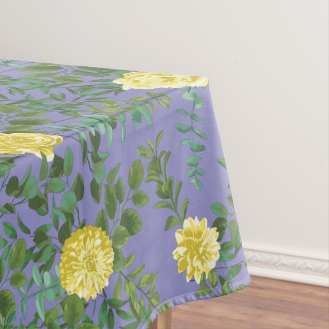 Light Yellow & Periwinkle Blue Rose Floral Wedding Tablecloth (In Situ)