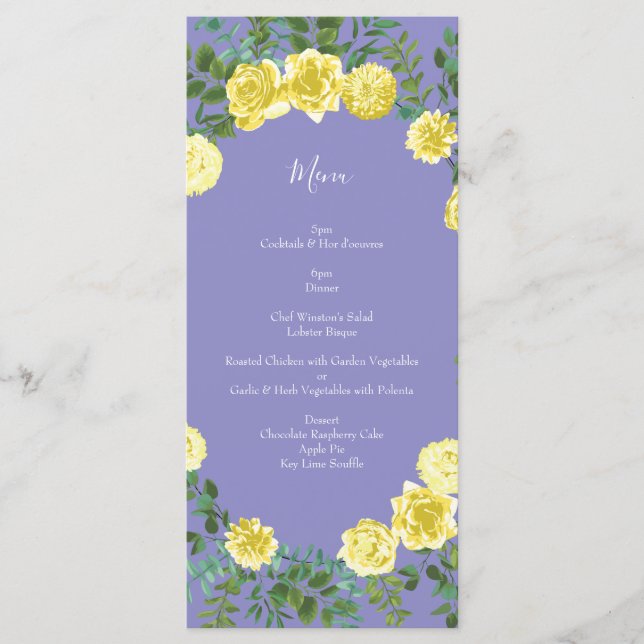 Light Yellow Periwinkle Blue Rose Wedding Menu (Front)