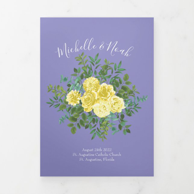 Light Yellow Periwinkle Blue Rose Wedding Programs Tri-Fold Programme (Cover)