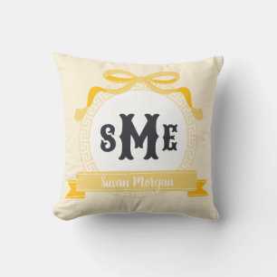 Light Yellow Reverse Greek Key Bow Monogram Cushion