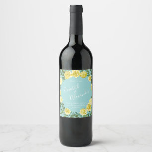 Light Yellow & Teal Aqua Rose Floral Wedding Wine Label