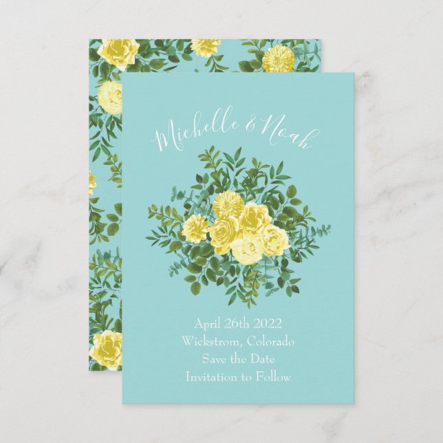 Light Yellow & Teal Aqua Rose Wedding Save Date Invitation (Front/Back)
