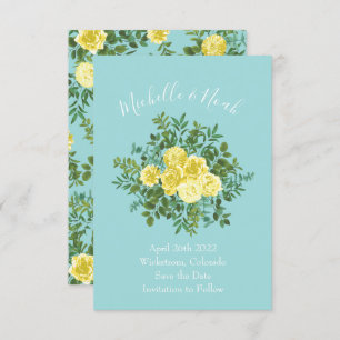 Light Yellow & Teal Aqua Rose Wedding Save Date Invitation
