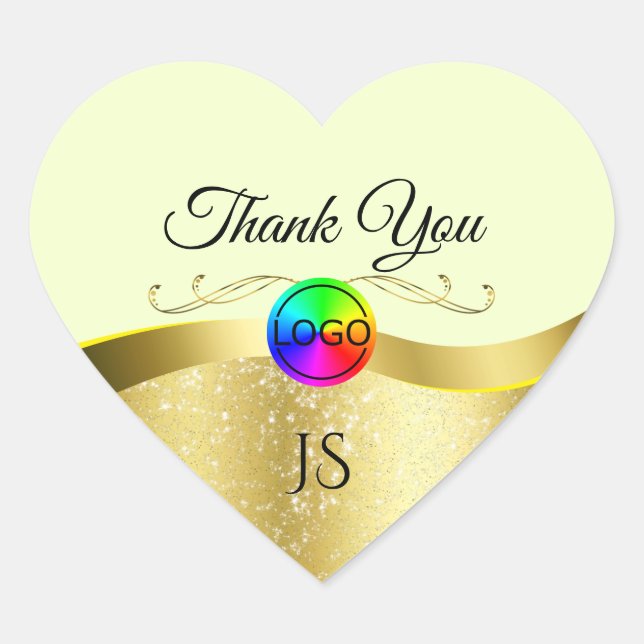 Light Yellow Wavy Gold Logo and Monogram Thank You Heart Sticker (Front)